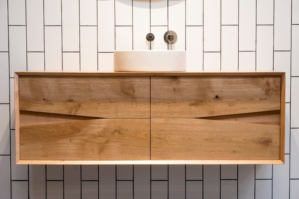 Ingrain designs, French Oak vanity, vertical subway tiles, modern bathroom