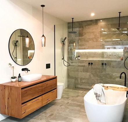 bathroom renovation, Melbourne Kitchens and Bathrooms, custom messmate vanity,
